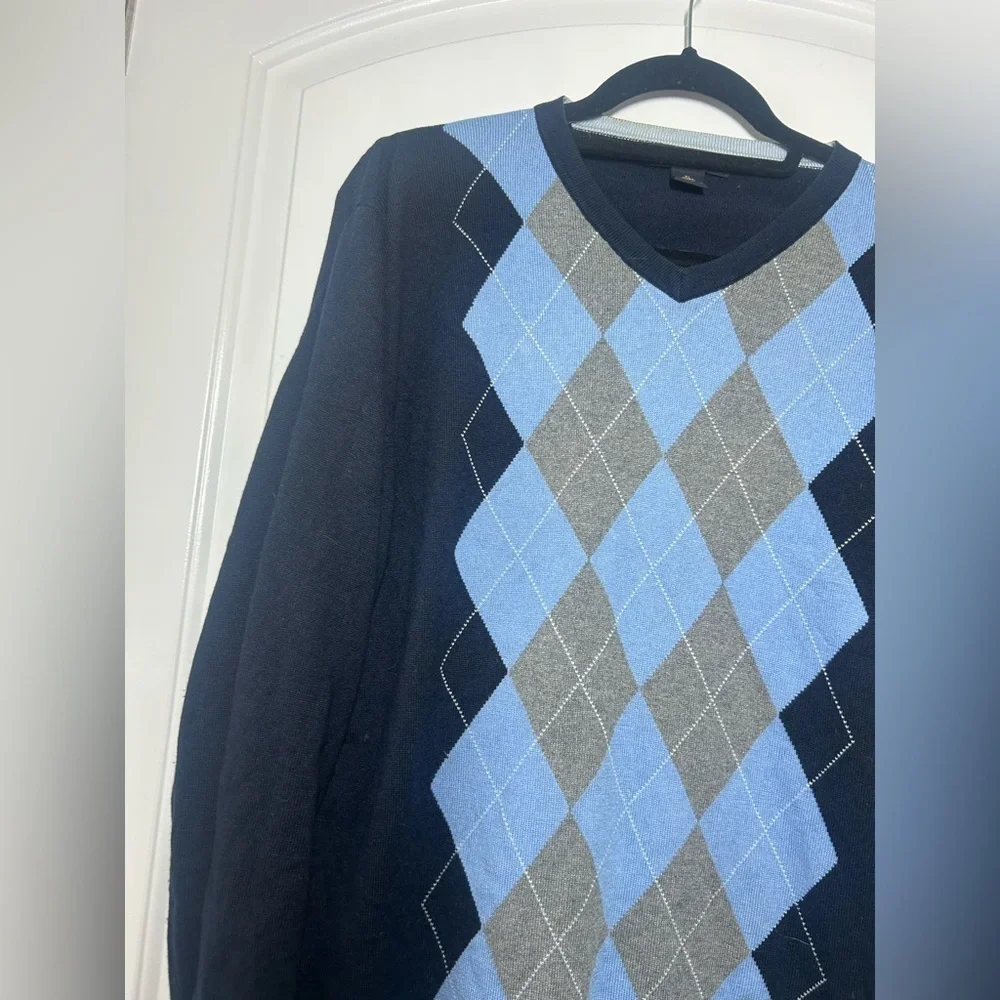 BANANA REPUBLIC Men's Blue Argyle Silk Cashmere V-neck Sweater Size XL preppy